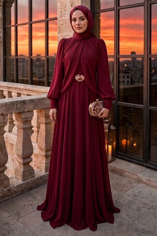Brooch detail draped burgundy modest evening dress 5747BR — Turkish wholesale abiye chiffon
