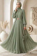Brooch detail draped pistachio green modest evening dress 5747FY — Turkish wholesale abiye chiffon