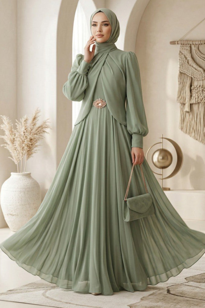 Brooch detail draped pistachio green modest evening dress 5747FY — Turkish wholesale abiye chiffon