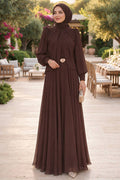 Brooch detail draped brown modest evening dress 5747KH — Turkish wholesale abiye chiffon