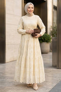Gathered-Waist Beige Broderie Modest Dress 50082BEJ