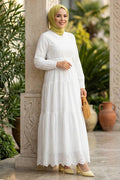 Gathered-Waist White Broderie Modest Dress 50082B