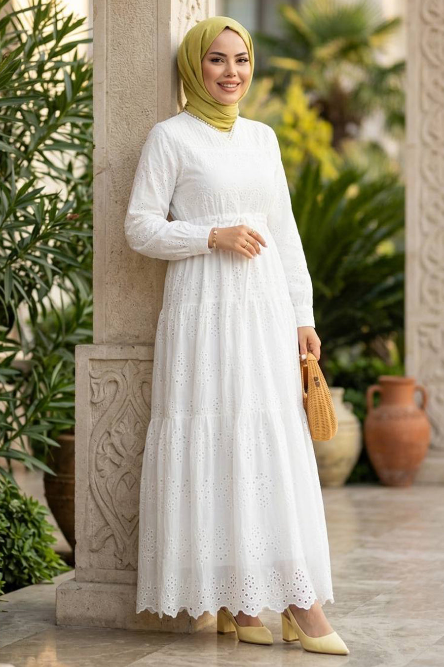 Gathered-Waist White Broderie Modest Dress 50082B