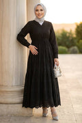 Gathered-Waist Black Broderie Modest Dress 50082S