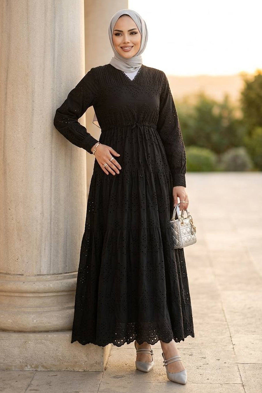 Gathered-Waist Black Broderie Modest Dress 50082S