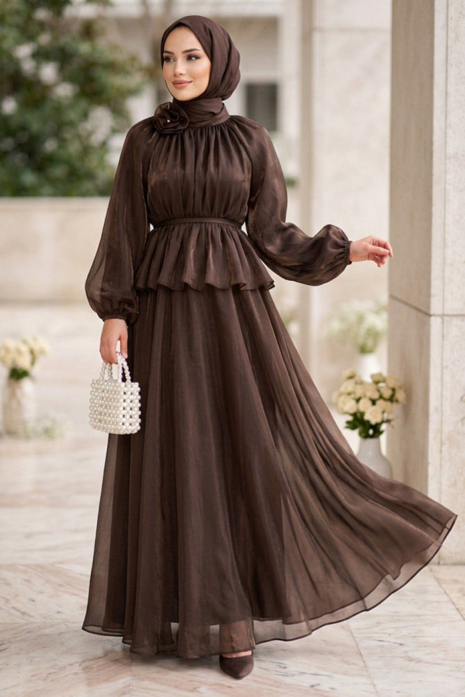 Peplum Chiffon Brown Modest Two-Piece Set 82902KH