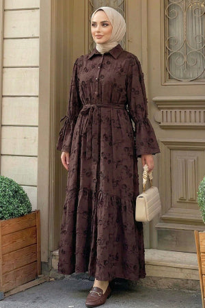 Floral Appliqué Shirt-Collar Dark Brown Modest Dress 26185KKH