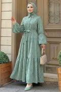 Floral Appliqué Shirt-Collar Mint Modest Dress 26185MINT