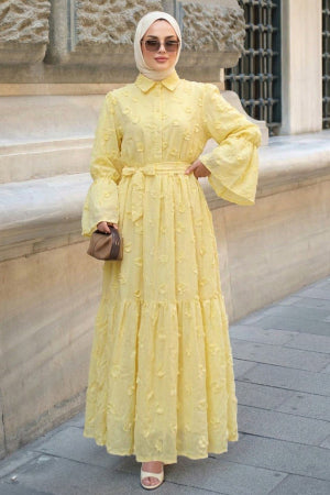 Floral Appliqué Shirt-Collar Yellow Modest Dress 26185SR