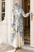 Floral Patterned Buttoned Blue Modest Dress 5339M