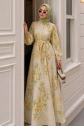 Floral Patterned Buttoned Yellow Modest Dress 5339SR
