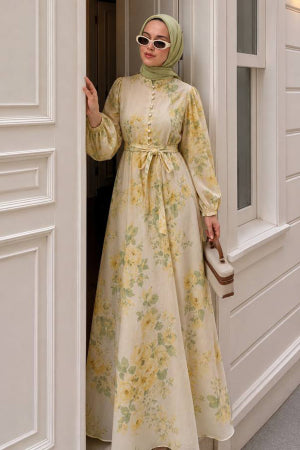 Floral Patterned Buttoned Yellow Modest Dress 5339SR