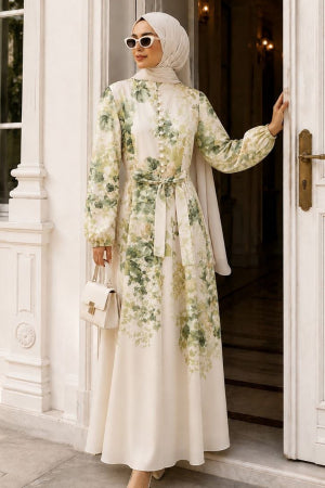 Floral Patterned Buttoned Green Modest Dress 5339Y