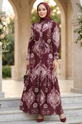 Floral Patterned Belted Burgundy Modest Dress 15063BR