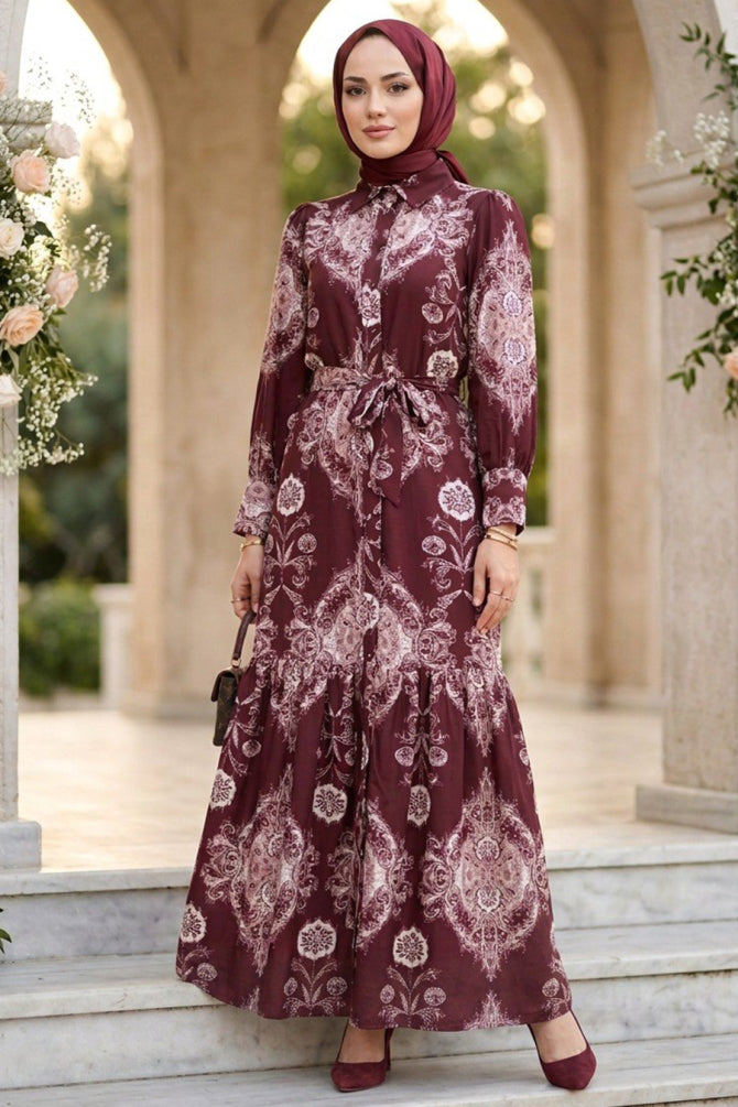 Floral Patterned Belted Burgundy Modest Dress 15063BR