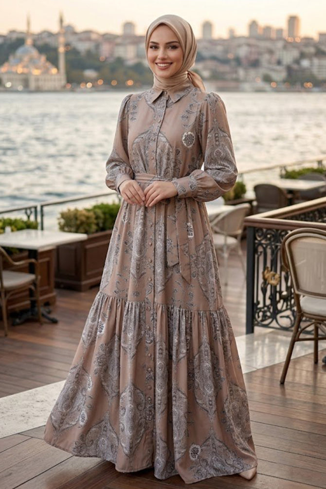 Floral Patterned Belted Mink Modest Dress 15063V