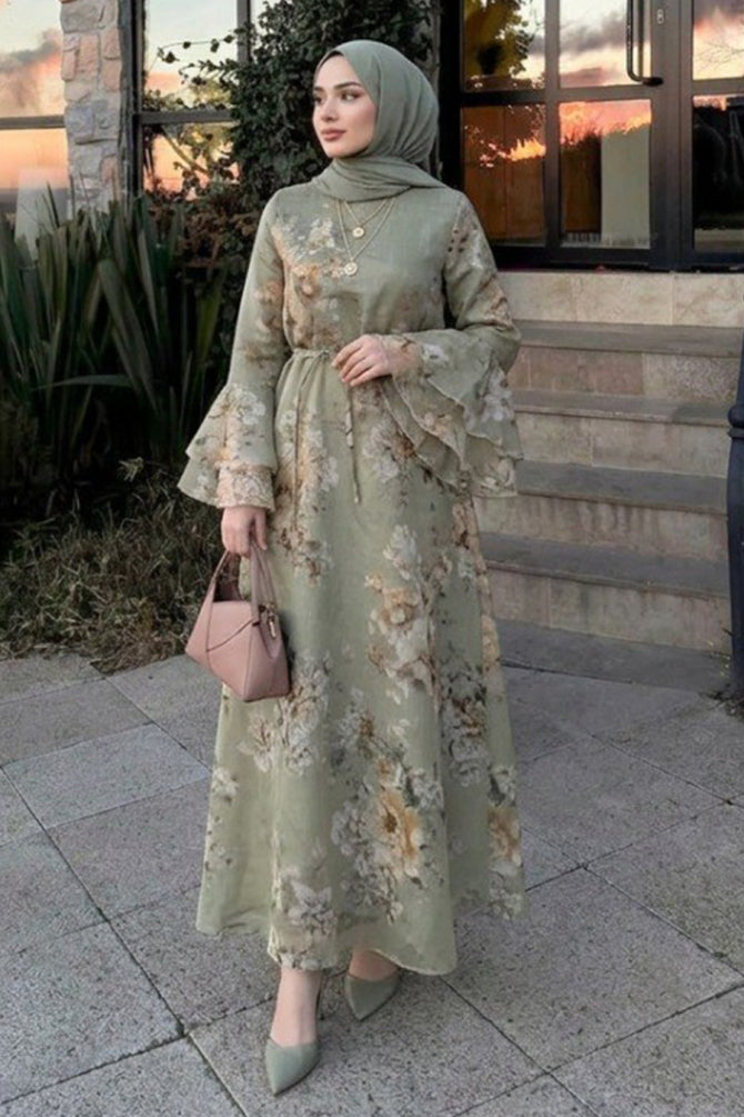 Light khaki floral print flutter-sleeve modest dress 2503AHK wholesale Turkey