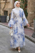Indigo blue floral print flutter-sleeve modest dress 2503IM wholesale Turkey