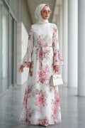 Red floral print flutter-sleeve modest dress 2503K wholesale Turkey