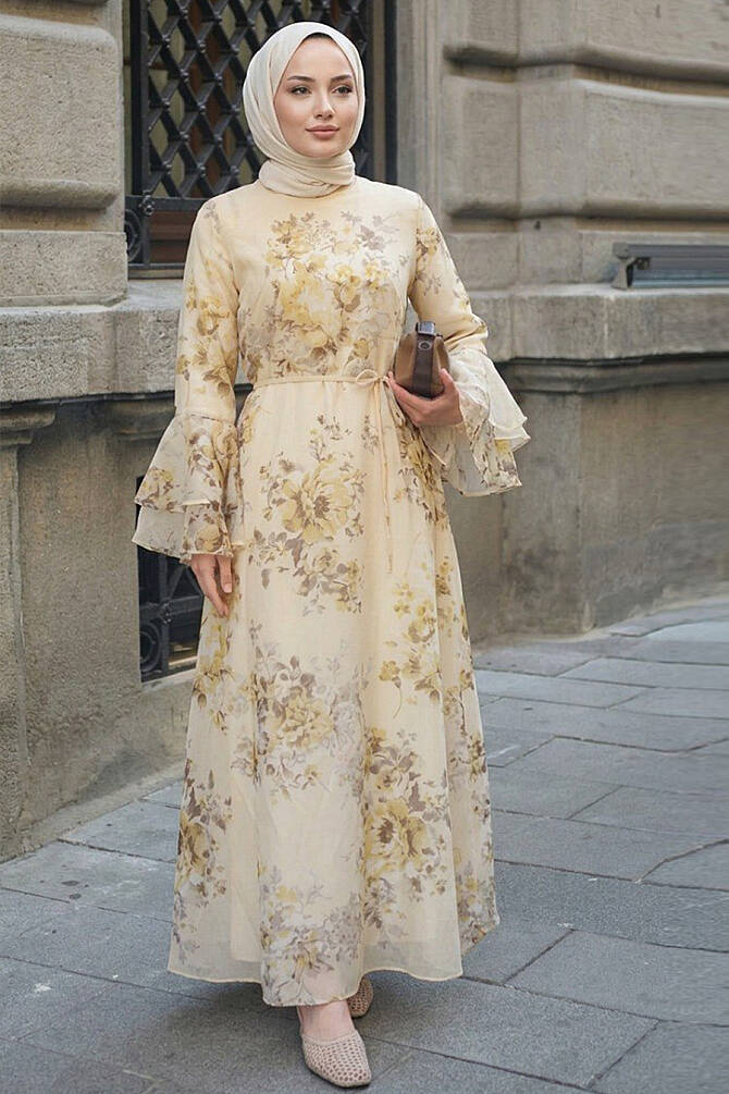 Yellow floral print flutter-sleeve modest dress 2503SR wholesale Turkey