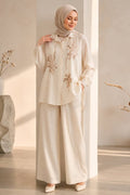Floral Embroidered Satin Ecru Two-Piece Modest Set 15695E