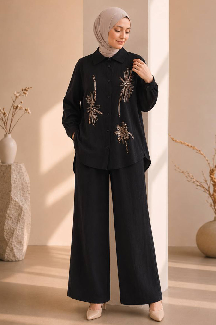Floral Embroidered Satin Black Two-Piece Modest Set 15695S