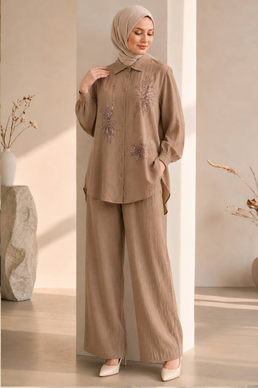 Floral Embroidered Satin Stone Two-Piece Modest Set 15695TAS