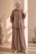 Floral Embroidered Satin Mink Two-Piece Modest Set 15695V