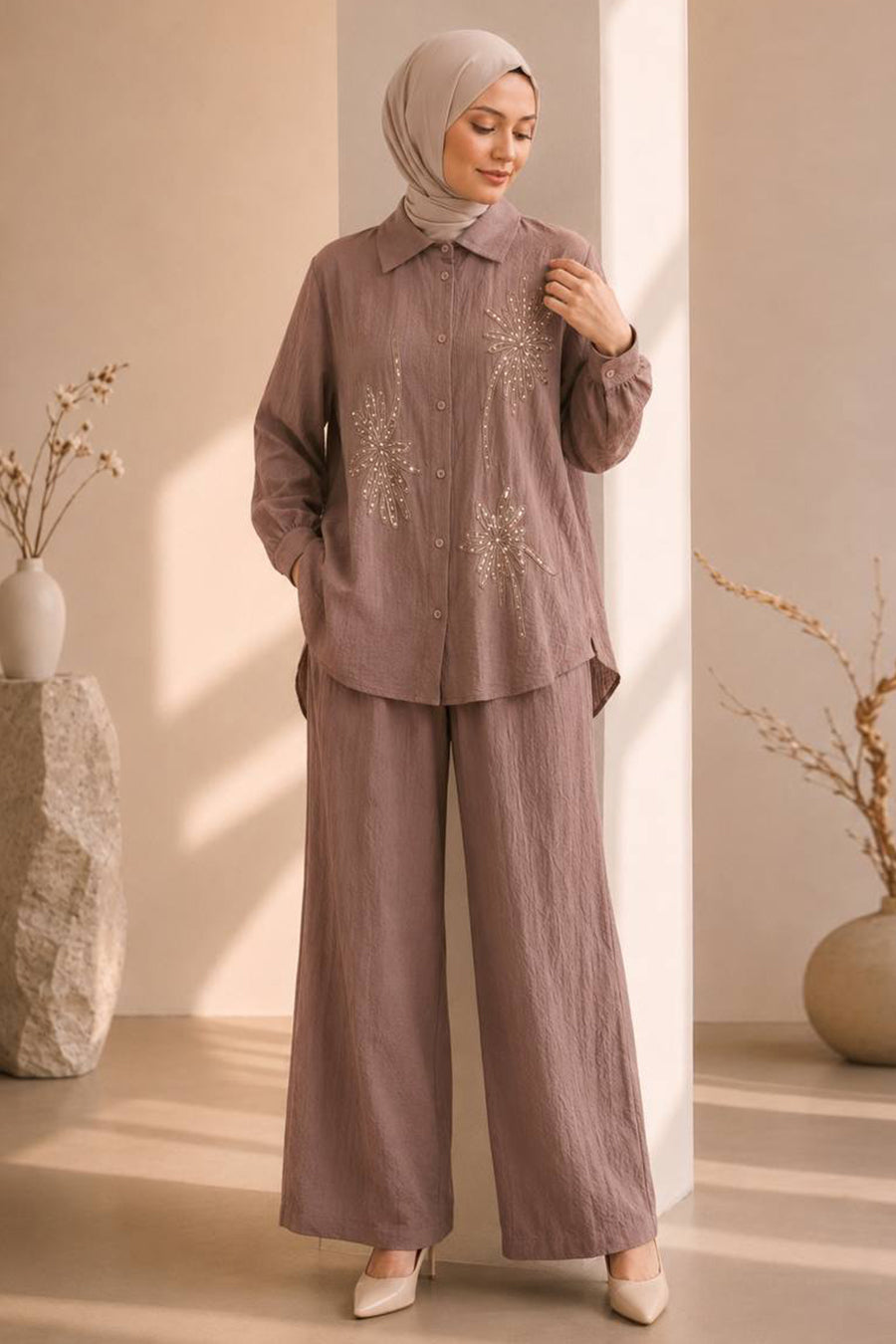 Floral Embroidered Satin Mink Two-Piece Modest Set 15695V