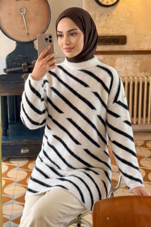 Striped White Modest Knit Tunic 80021B
