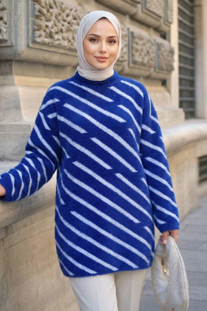 Striped Saxe Blue Modest Knit Tunic 80021SX
