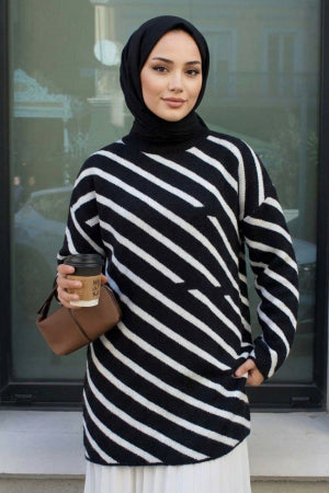 Striped Black Modest Knit Tunic 80021S