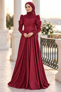 Lace draped burgundy modest evening dress 260BR — Turkish modest fashion wholesale abiye