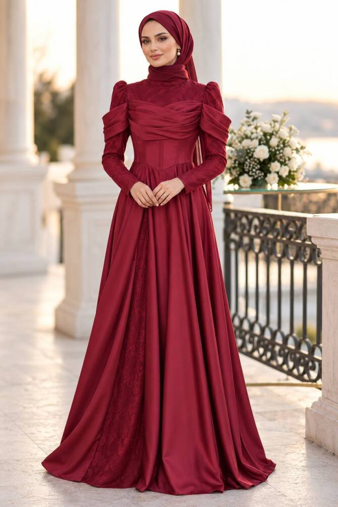Lace draped burgundy modest evening dress 260BR — Turkish modest fashion wholesale abiye
