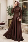 Lace and draped brown modest evening dress 260KH in satin — Turkish modest fashion wholesale abiye