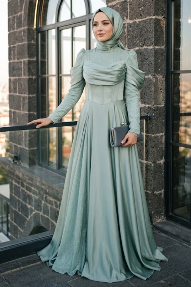 Lace draped mint modest evening dress 260MINT — Turkish modest fashion wholesale abiye