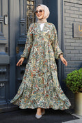 Patterned Khaki Modest Dress 23585HK