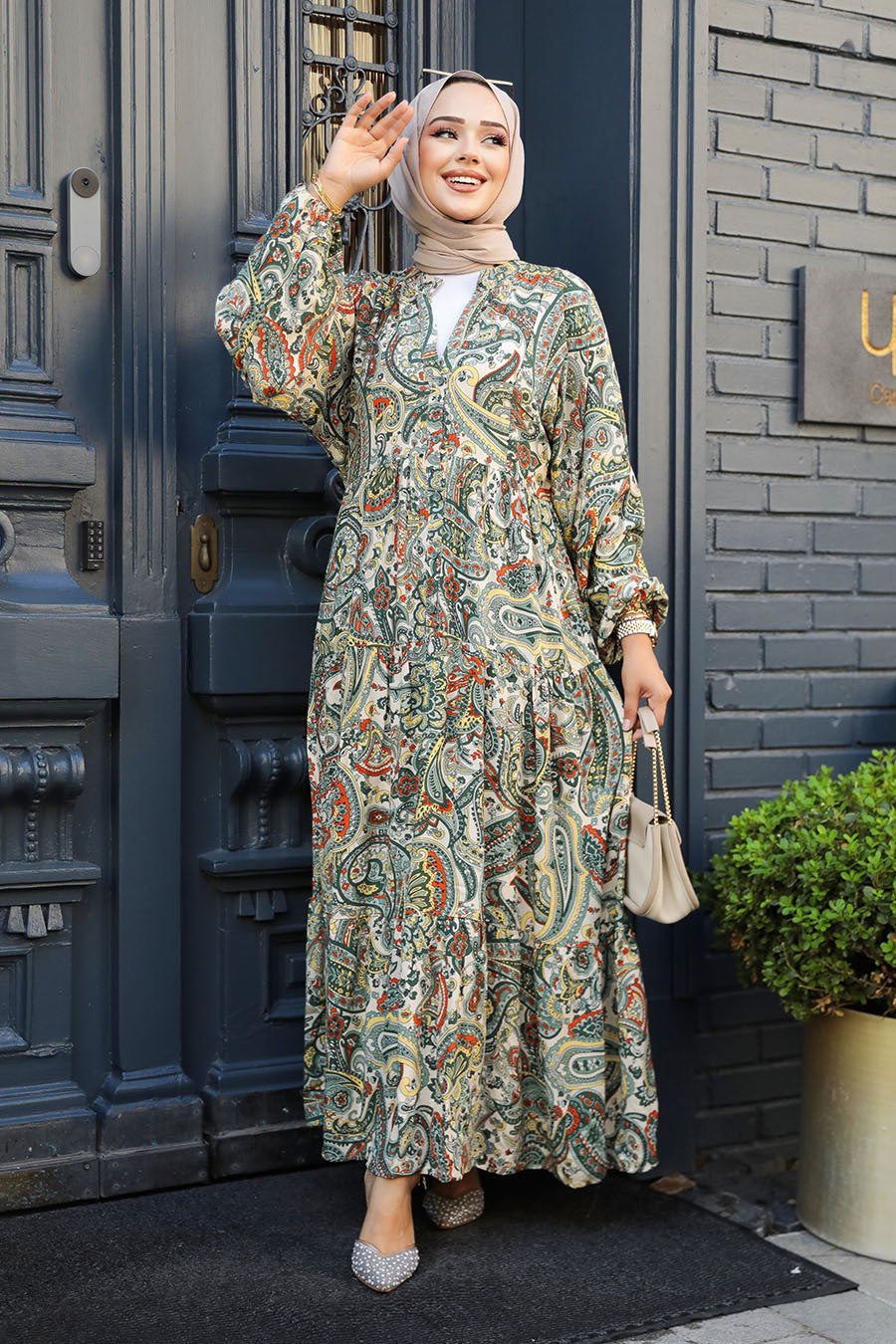 Patterned Khaki Modest Dress 23585HK - 2