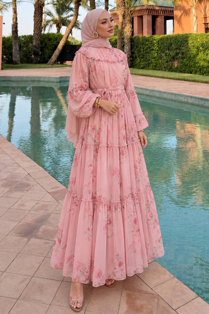 Powder pink patterned chiffon tiered modest dress 24790PD wholesale Turkey