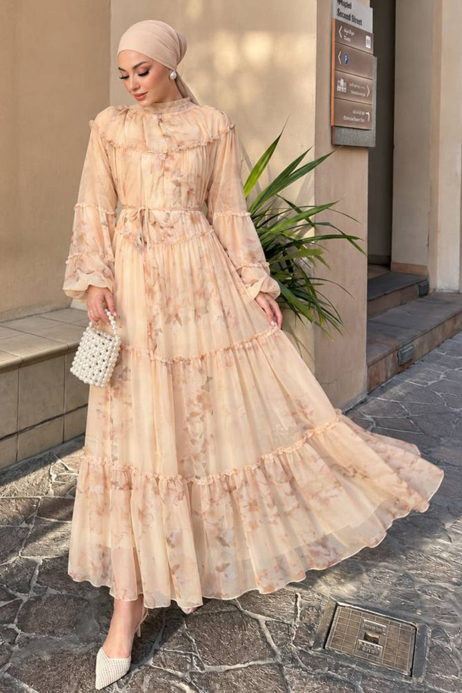 Yellow patterned chiffon tiered modest dress 24790SR wholesale Turkey