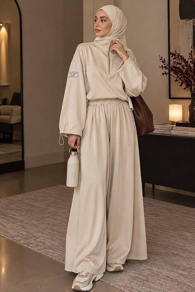 Beige stand-collar half-zip modest trouser two-piece set 14182BEJ wholesale Turkey fall winter