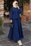 Navy blue stitch-detail modest skirt two-piece set 3011L wholesale Turkey fall winter