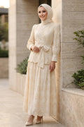 Draped Belted Beige Broderie Two-Piece Modest Set 50071BEJ