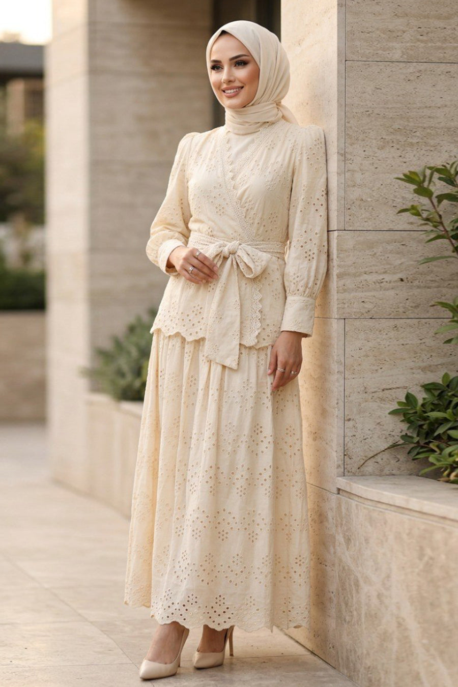 Draped Belted Beige Broderie Two-Piece Modest Set 50071BEJ