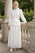 Draped Belted White Broderie Two-Piece Modest Set 50071B