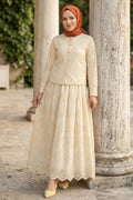 Buttoned Beige Broderie Two-Piece Modest Set 50021BEJ
