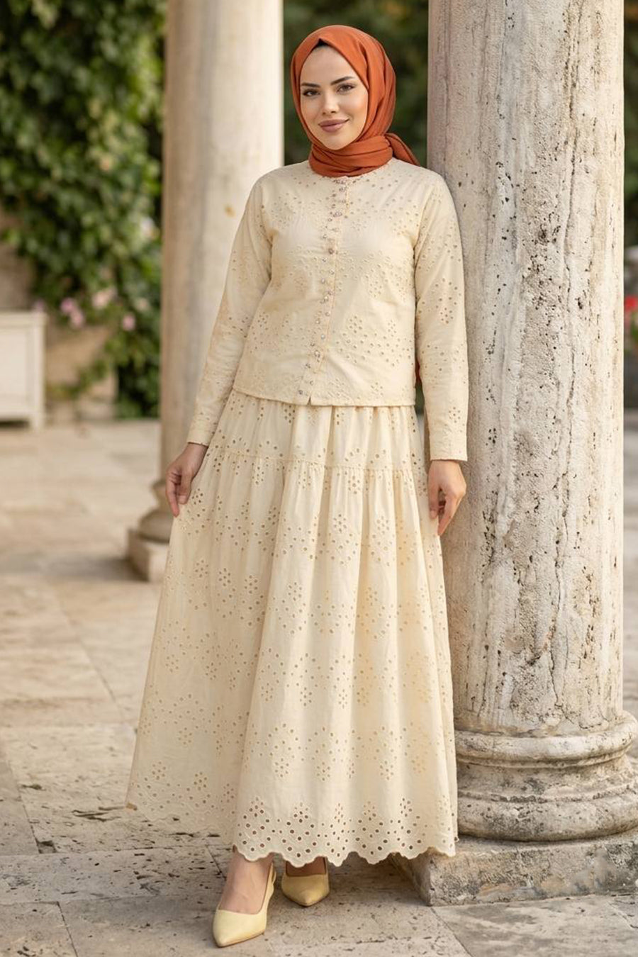 Buttoned Beige Broderie Two-Piece Modest Set 50021BEJ