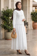 Buttoned White Broderie Two-Piece Modest Set 50021B