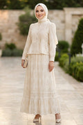 Buttoned Peplum Beige Broderie Two-Piece Modest Set 50063BEJ