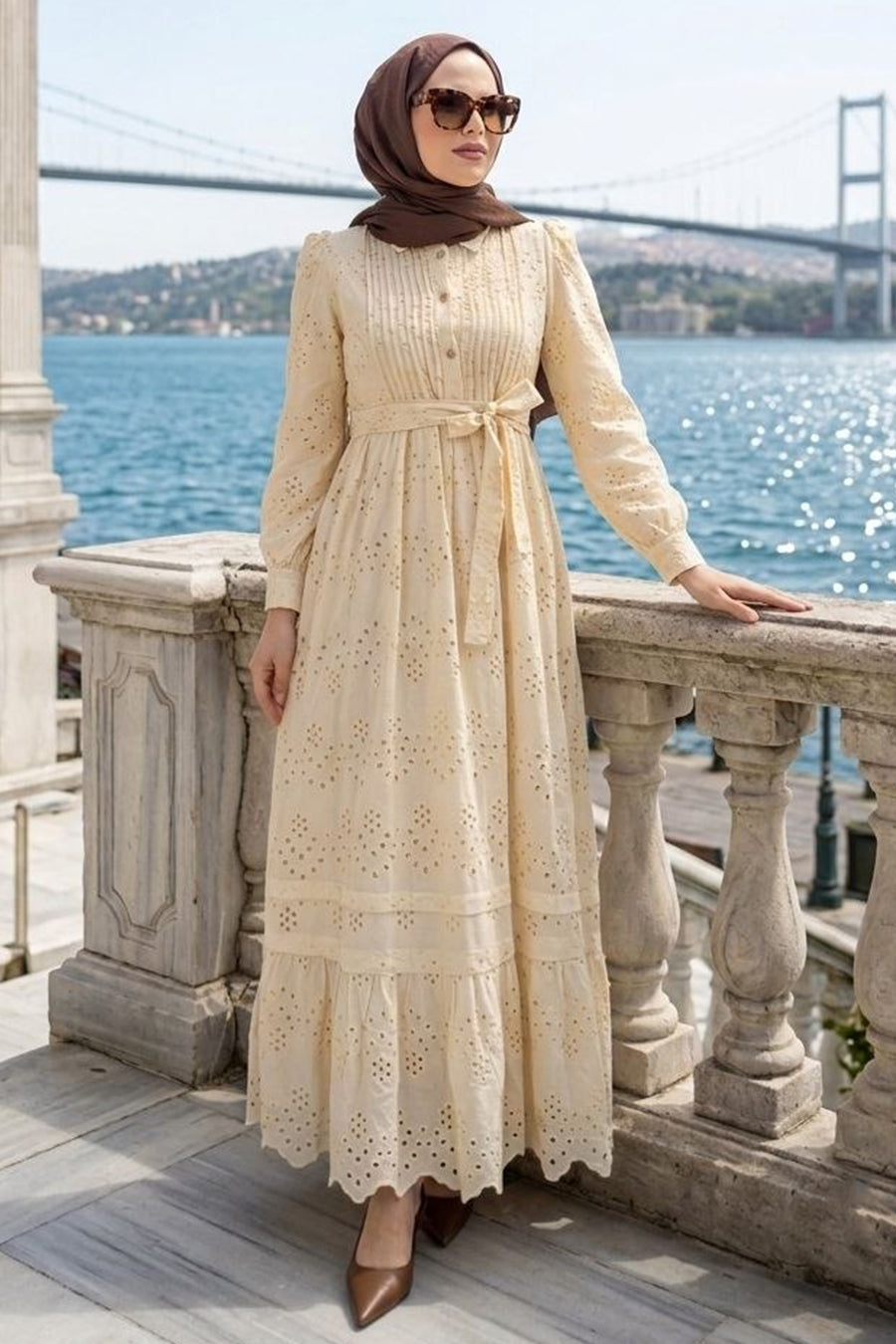 Buttoned Belted Tiered Beige Broderie Modest Dress 5004BEJ